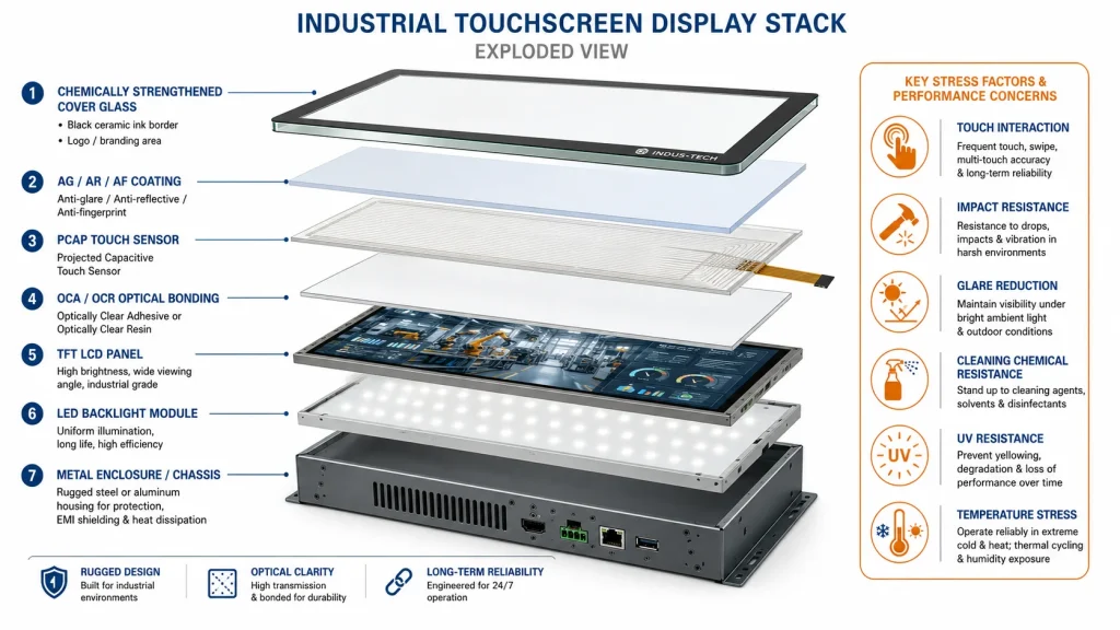 exploded technical illustration of industrial touchscreen display stack Top layer chemically strengthened cover glass