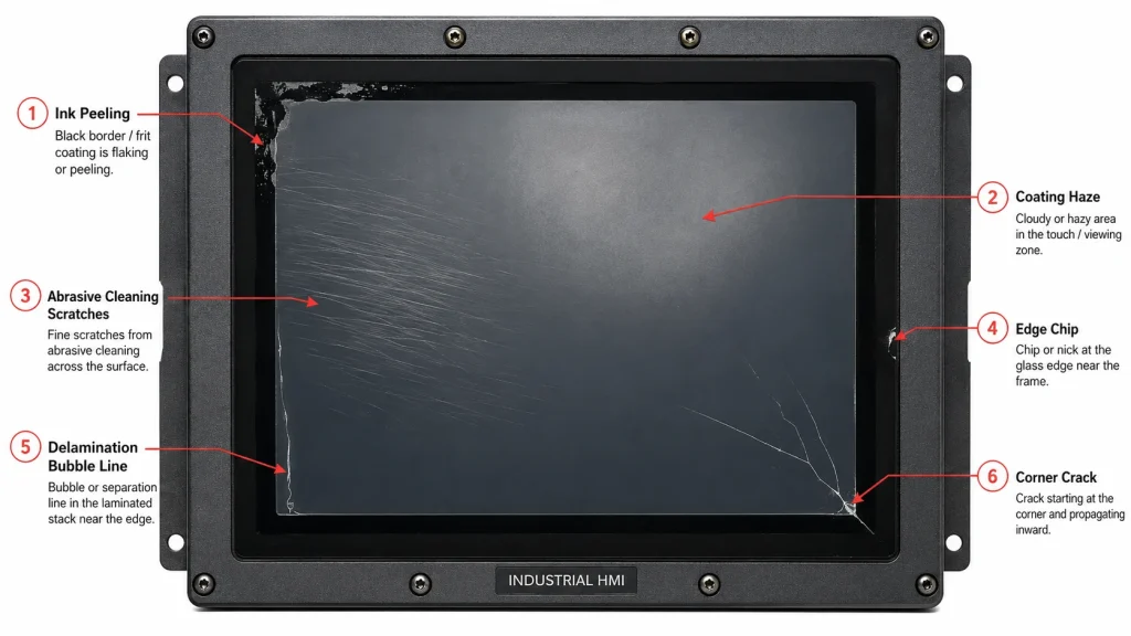 realistic but diagnostic illustration of rugged industrial touchscreen front glass labeled failure zones ink