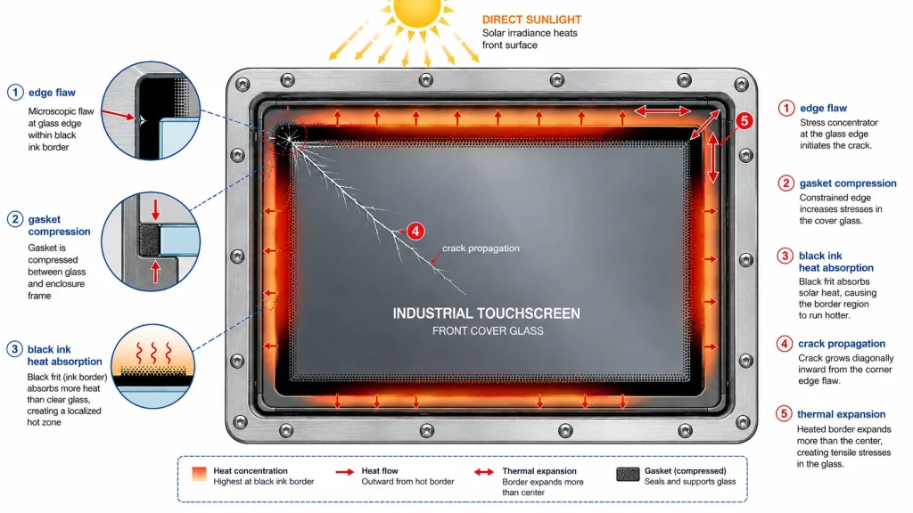 technical failure analysis industrial touchscreen cover glass mounted in metal enclosure Highlight crack starting