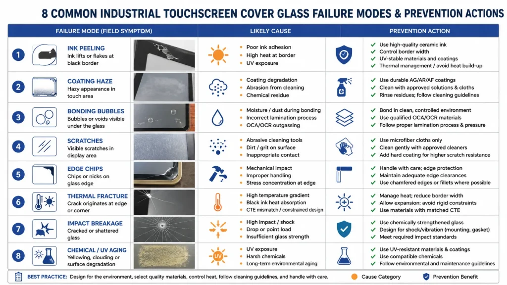 table style infographic summarizing eight industrial touchscreen cover glass failure modes prevention actions Include