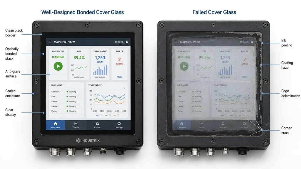 side by side realistic industrial touchscreen comparison Left side shows well designed rugged bonded