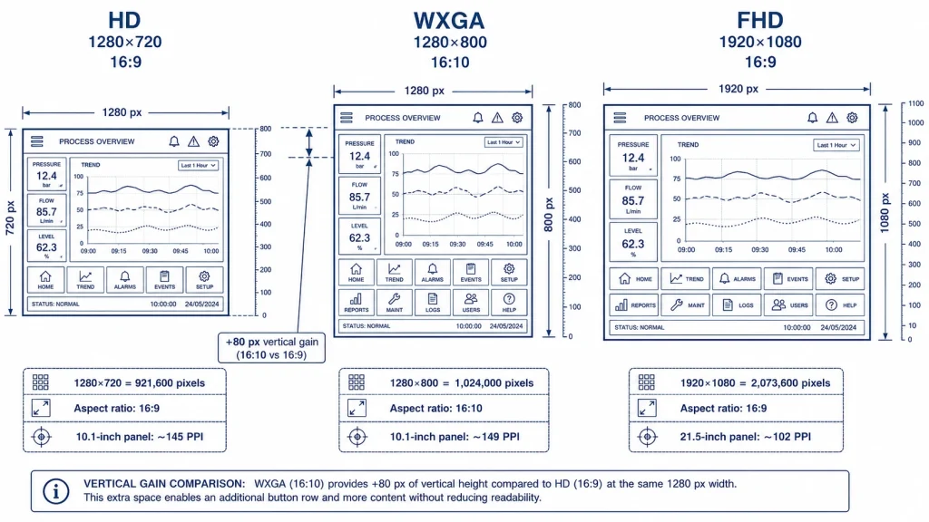 Aspect ratio comparison — 16:9 HD vs 16:10 WXGA vs 16:9 FHD, with pixel density and layout space analysis