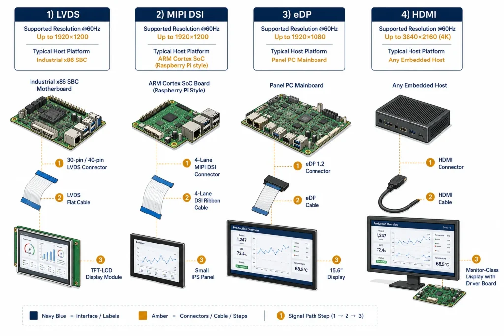 Industrial display interface ecosystem — LVDS, MIPI DSI, eDP, and HDMI signal paths from host platform to panel
