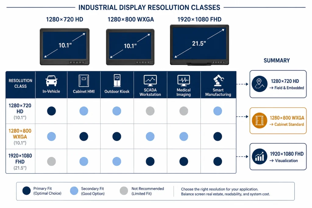 Resolution-to-application mapping — 1280×720, 1280×800, 1920×1080 across six industry sectors