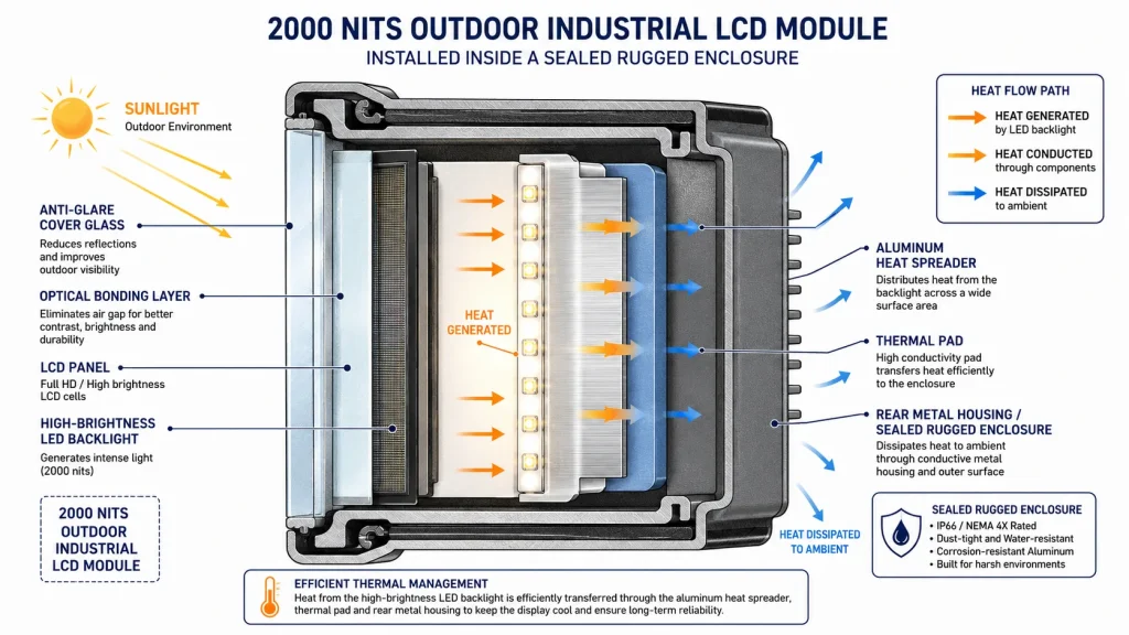 Thermal structure of a 2000 nits outdoor LCD module