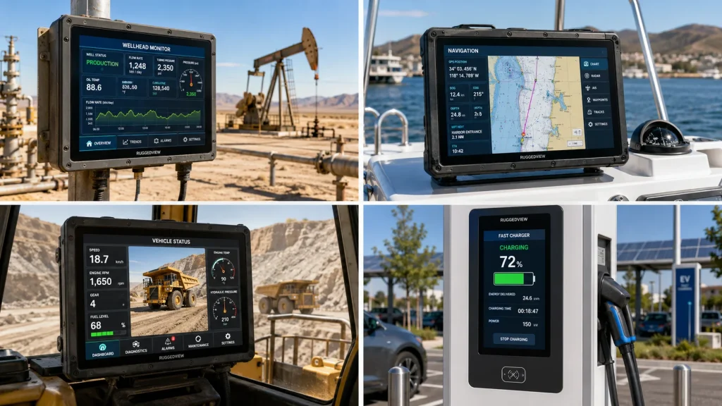 2x2 collage of 2000 nits industrial display applications desert oilfield monitoring terminal marine navigation
