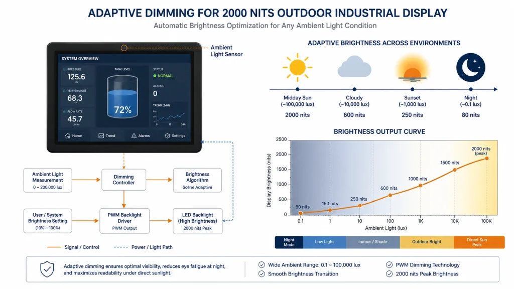 technical adaptive dimming for 2000 nits outdoor industrial display Include ambient light sensor on