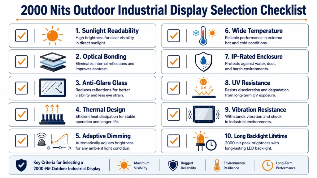 professional infographic checklist titled 2000 Nits Outdoor Industrial Display Selection Checklist Show icons for