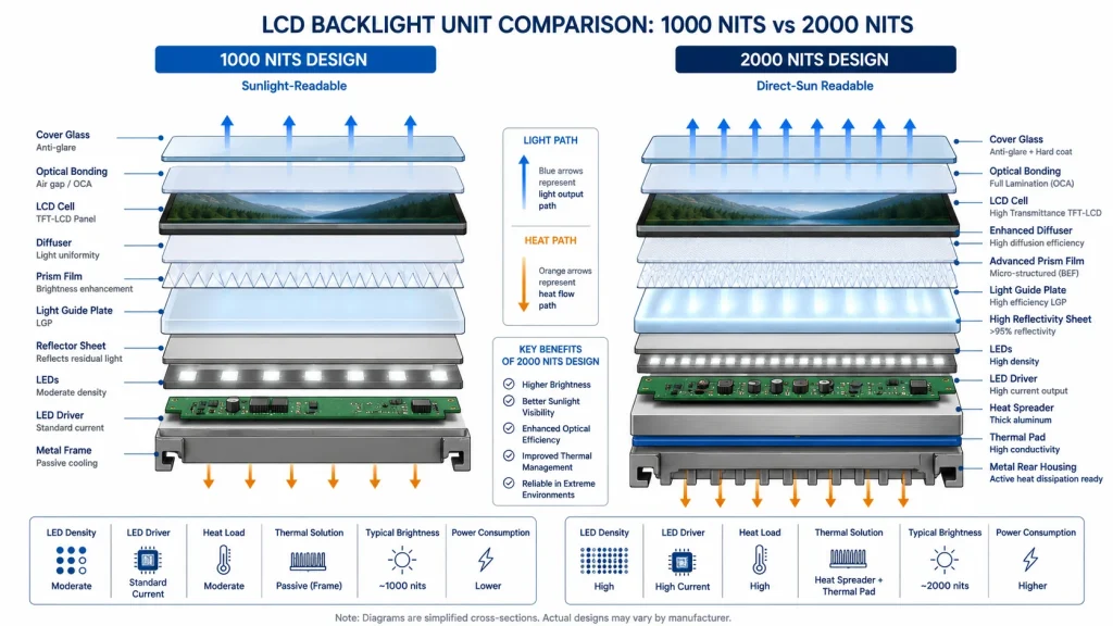 1000 nits vs 2000 nits LCD backlight architecture comparison