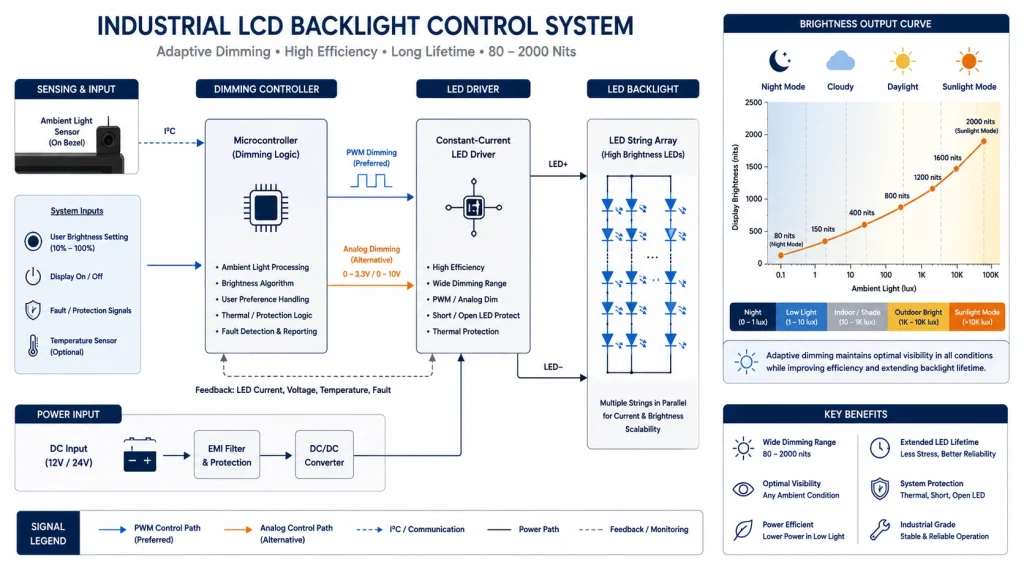Adaptive dimming LED driver control for high-brightness LCDs