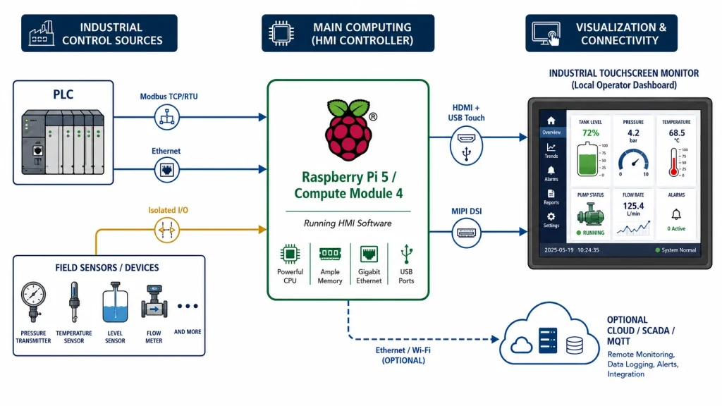 technical architecture Raspberry Pi HMI system Left PLC field sensors connected through Modbus TCP