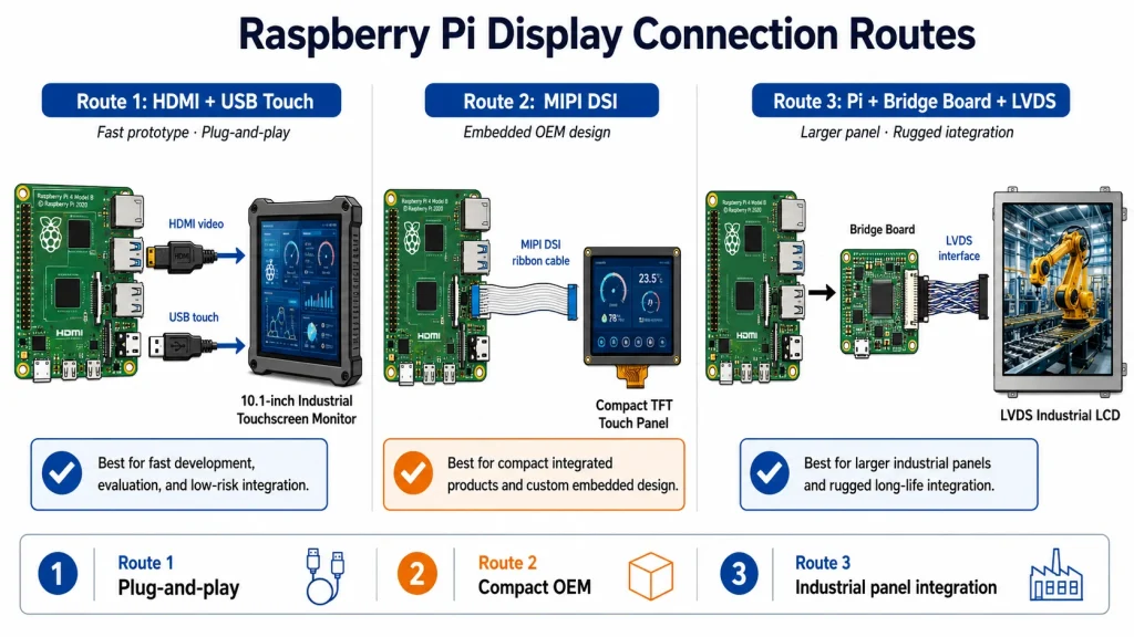 comparison infographic three Raspberry Pi display connection routes Route 1 HDMI USB touch to