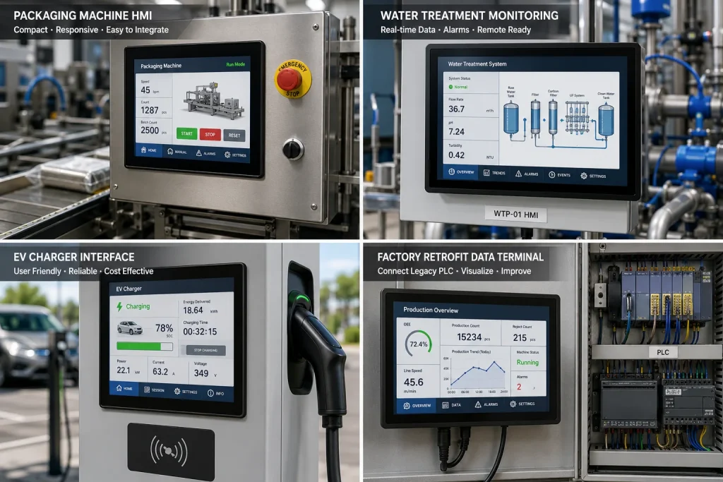 2x2 realistic industrial application collage Raspberry Pi screens used as low cost HMI displays