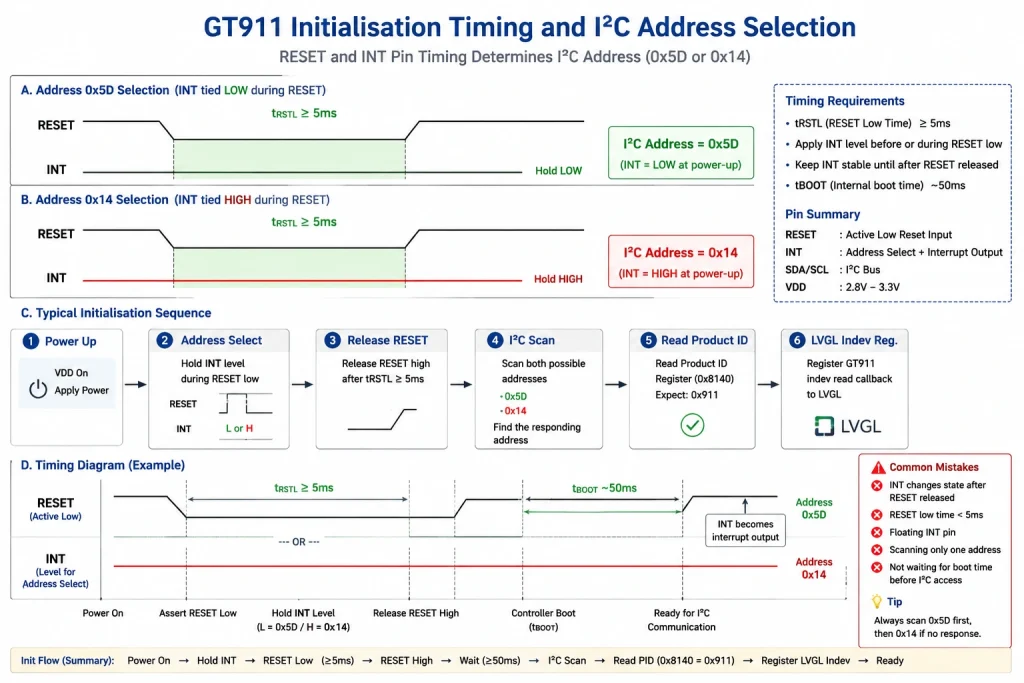 clear timing for GT911 initialization RESET INT pins selecting I2C address 0x5D 0x14 followed