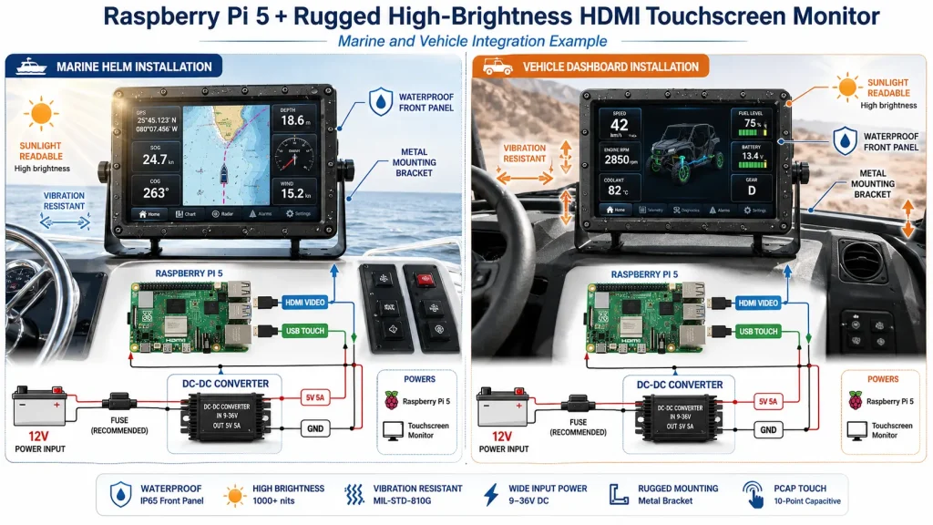Raspberry Pi marine and vehicle display system with high brightness HDMI touchscreen, 12V power input, rugged mounting, and outdoor sunlight protection