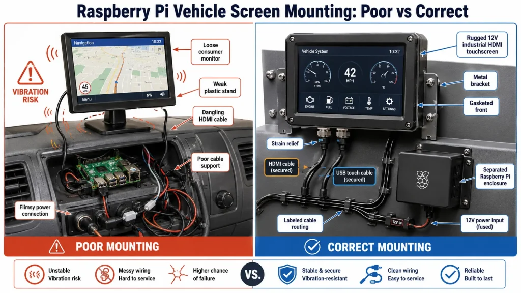 Rugged mounting comparison showing why a Raspberry Pi vehicle screen needs a metal bracket, cable strain relief, gasketed front panel, and protected Raspberry Pi enclosure.