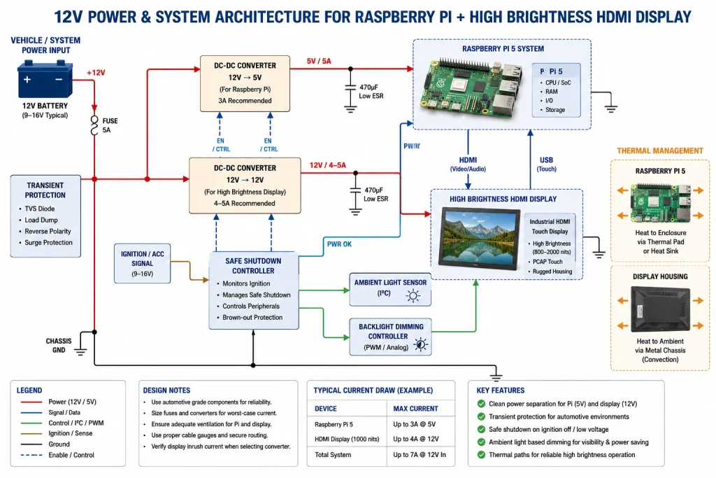 Thermal and power architecture for a 24/7 Raspberry Pi marine or vehicle display using 12V input, DC-DC conversion, safe shutdown, backlight dimming, and heat paths