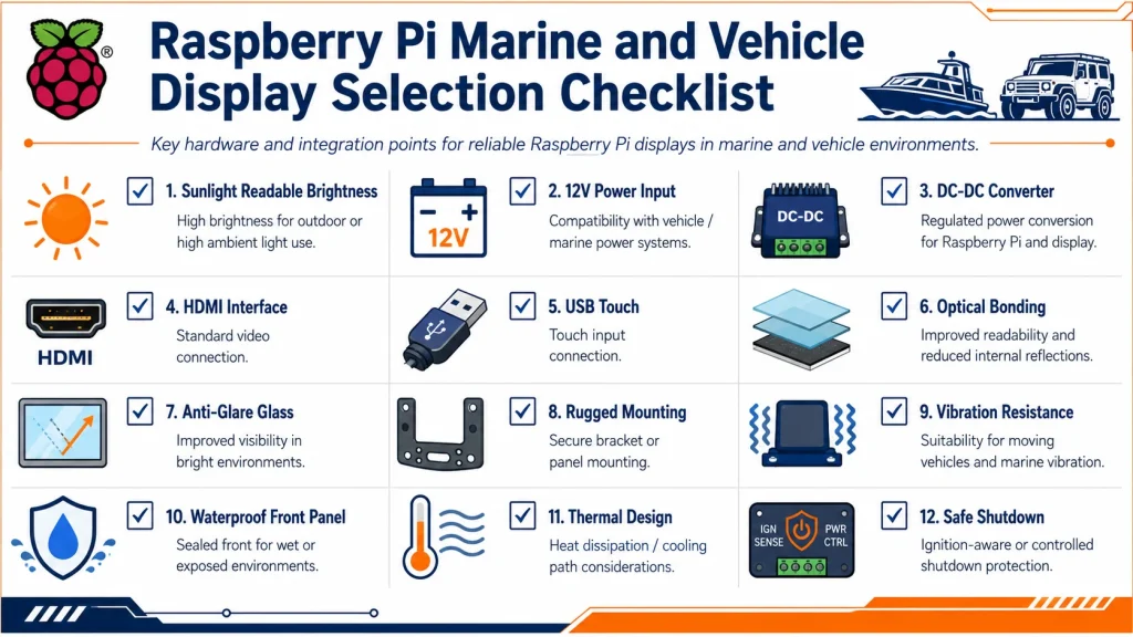 Checklist for selecting a Raspberry Pi marine or vehicle display covering brightness, 12V power, HDMI interface, touch, rugged mounting, thermal design, and safe shutdown.