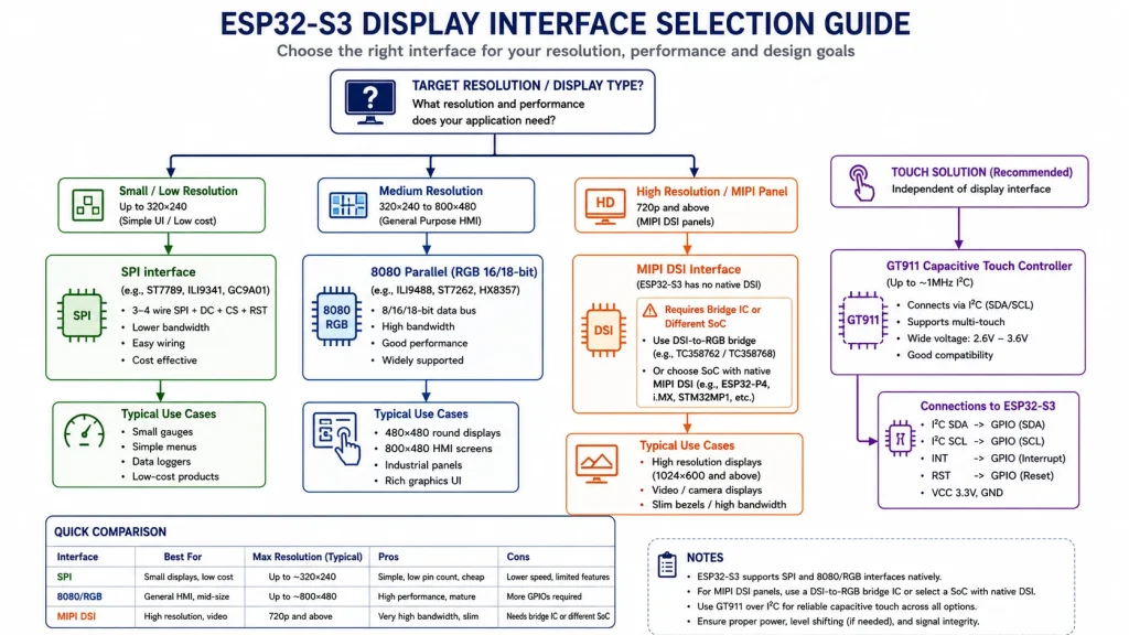 ESP32-S3 display interface selection flowchart for RGB and MIPI