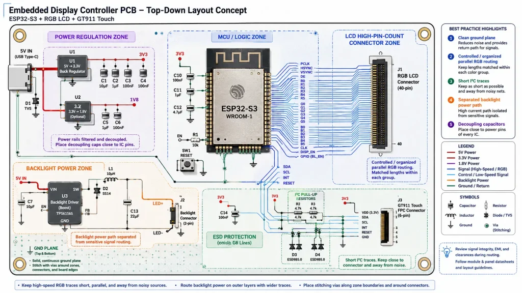 Industrial ESP32-S3 HMI PCB layout with GT911 touch routing