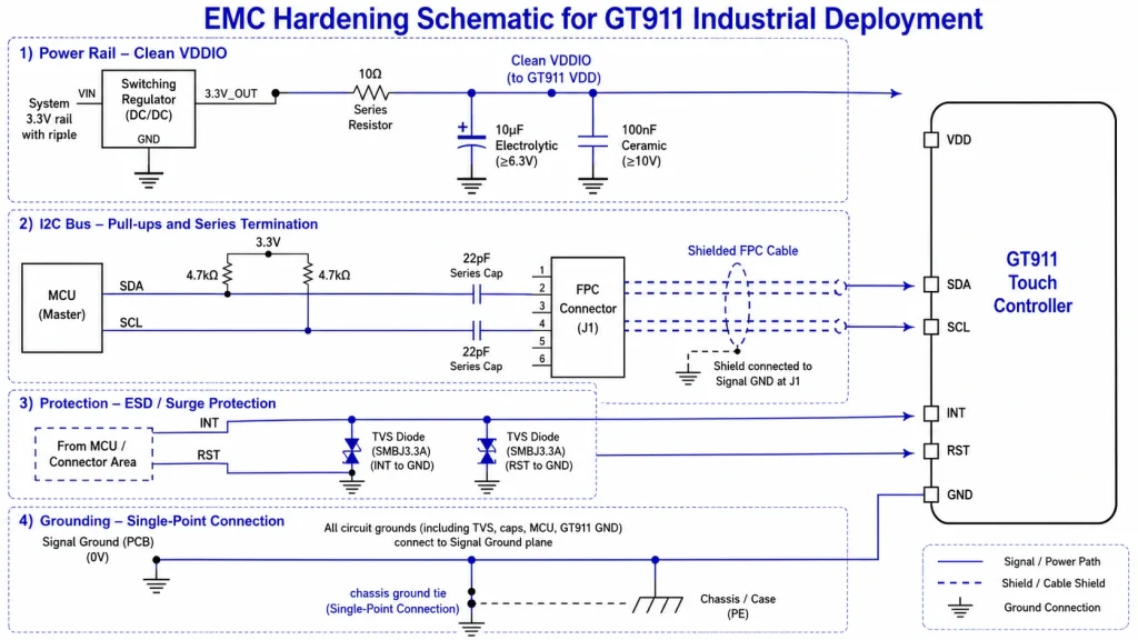 GT911 industrial EMC hardening circuit with I2C filtering and ESD protection