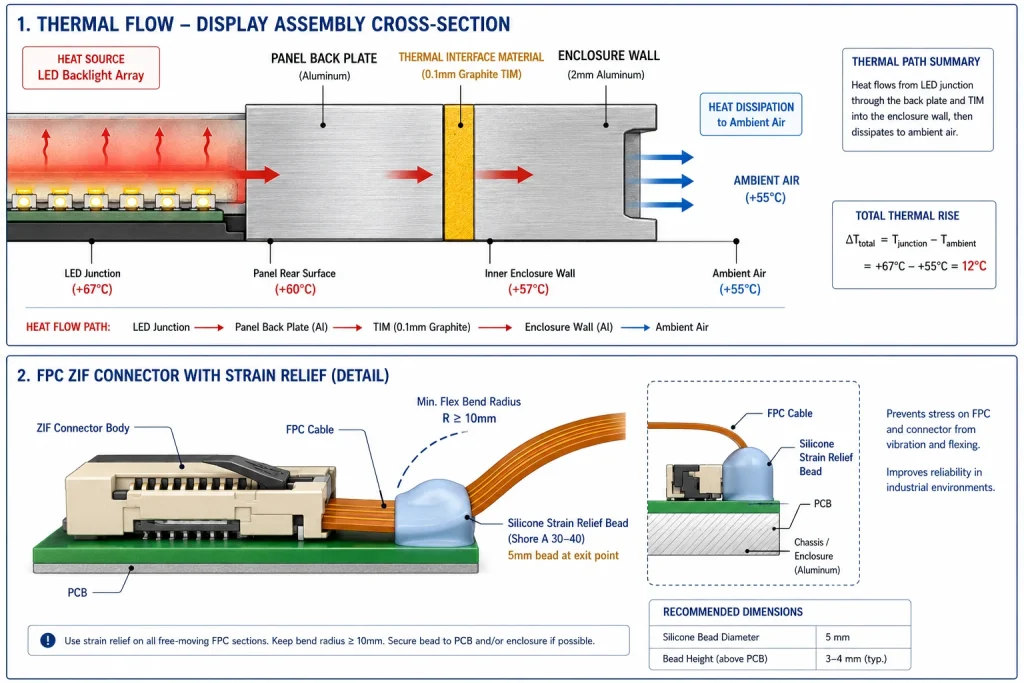 Industrial display thermal path and FPC strain relief design