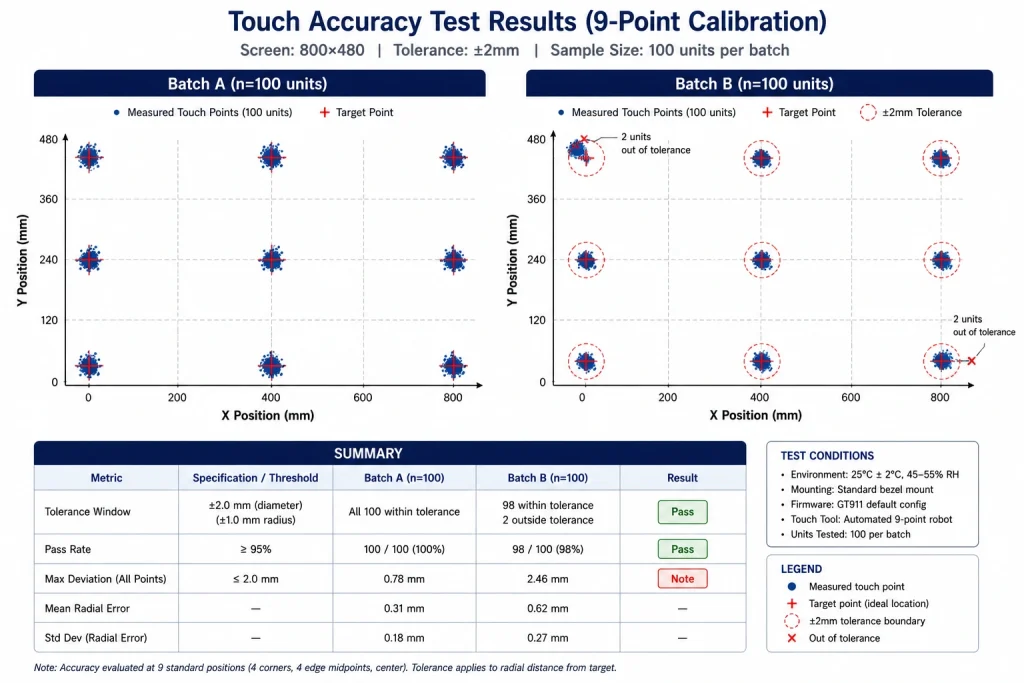 GT911 production batch touch accuracy validation scatter plot