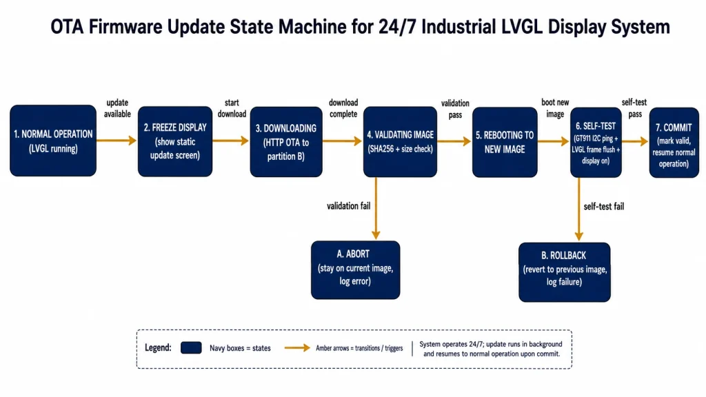 OTA firmware update state machine for 24/7 LVGL display