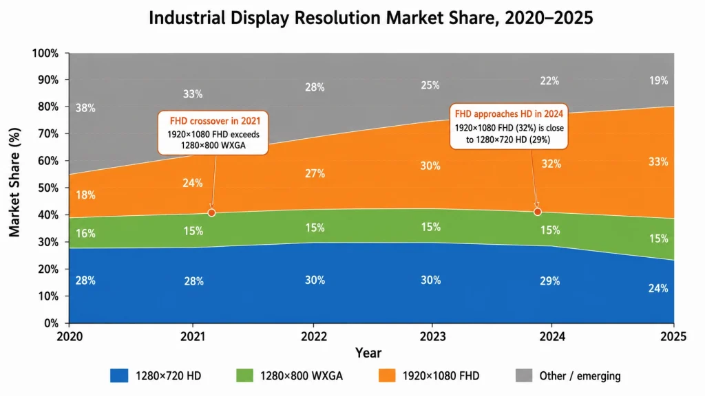 Industrial display resolution market share 2020-2025 showing 720p maintaining significant share