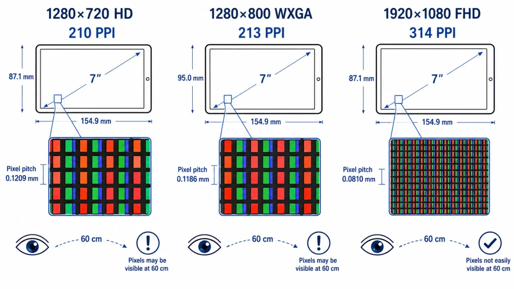  Pixel density comparison diagram — 1280x720 vs 1280x800 vs 1920x1080 at 7-inch panel size