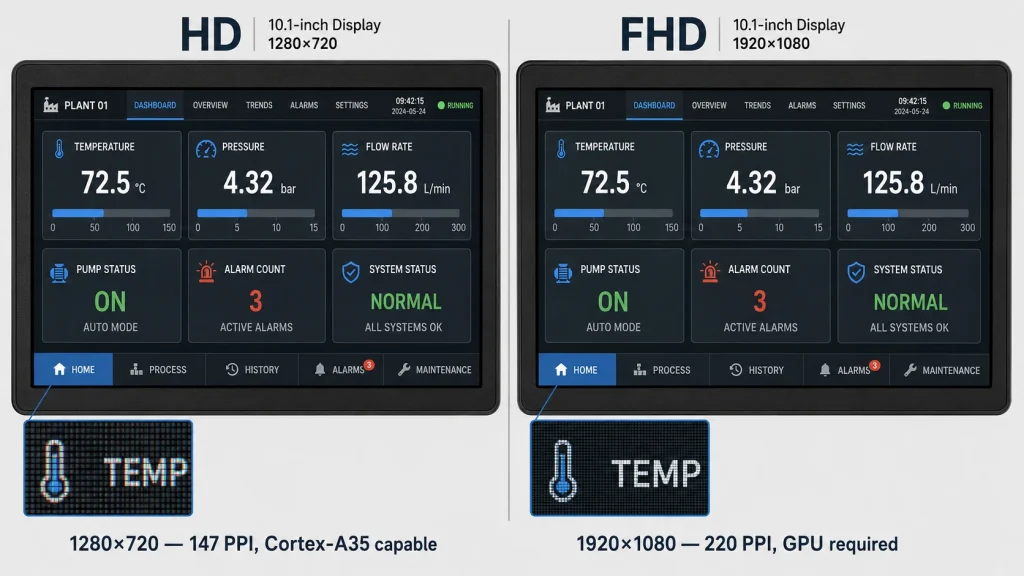 Same industrial HMI interface at 1280x720 vs 1920x1080 — comparing actual visual difference