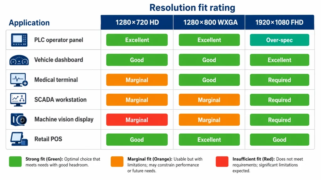Application resolution fit diagram — 720p vs 800p vs 1080p across industrial segments