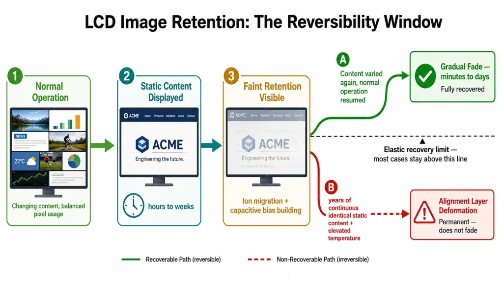 Reversibility timeline diagram showing LCD image retention recovery process from sustained static content through removal and gradual fading versus the point of no return into permanent retention