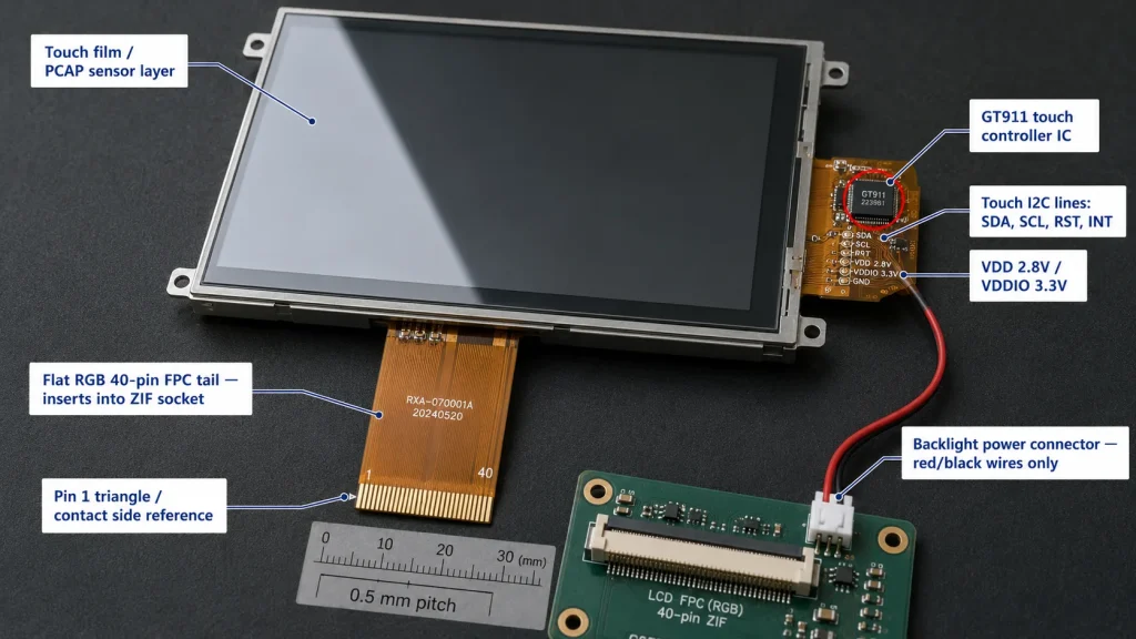 Industrial GT911 touch display module — FPC connector, PCAP film, and RGB interface labeled for bring-up reference