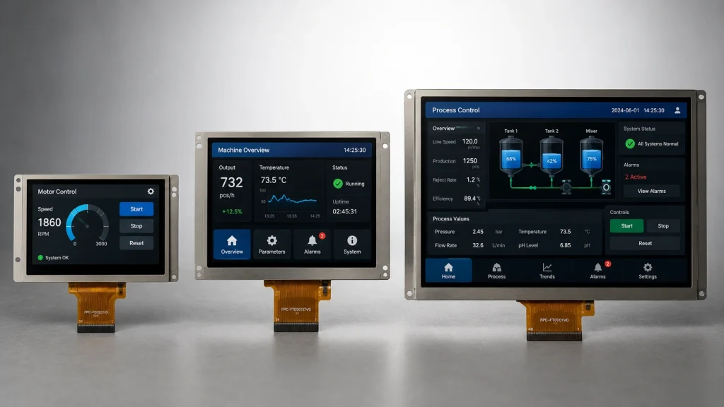4.3-inch, 5-inch, and 7-inch ESP32-S3 kiosk HMI displays with GT911 touch and LVGL interfaces