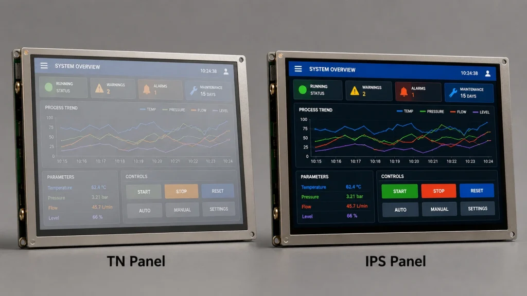 IPS and TN industrial HMI displays compared at a 60-degree viewing angle