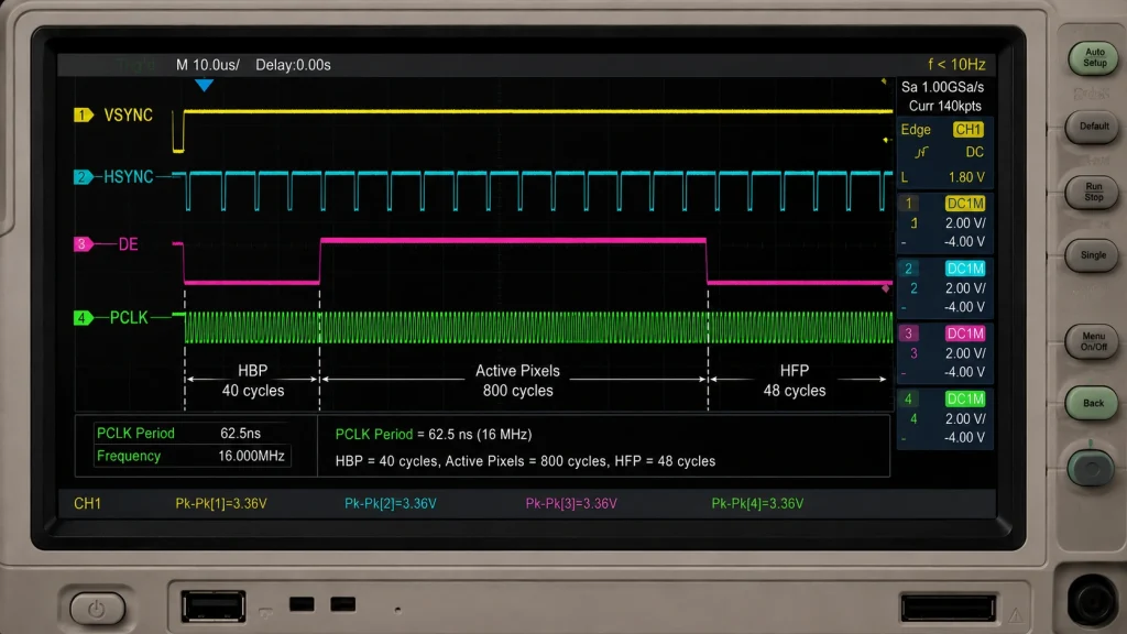 Oscilloscope traces for VSYNC, HSYNC, DE, and PCLK on a 7-inch RGB LCD panel
