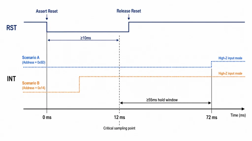GT911 reset and interrupt timing for selecting I2C addresses 0x5D and 0x14