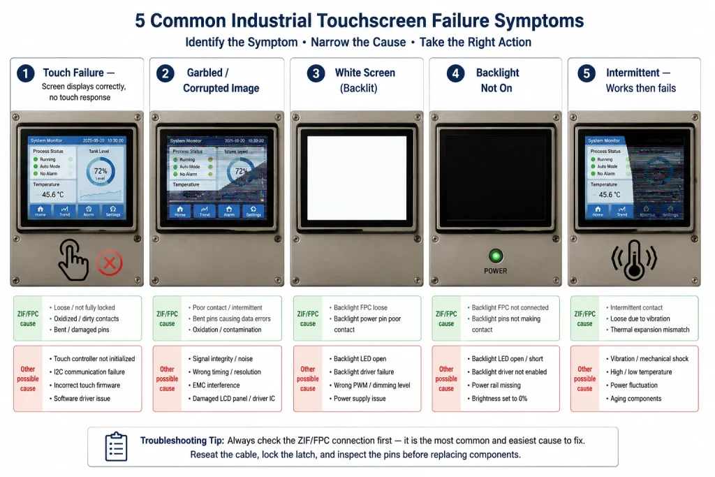 Five industrial touchscreen failure symptoms compared by ZIF and FPC connector cause