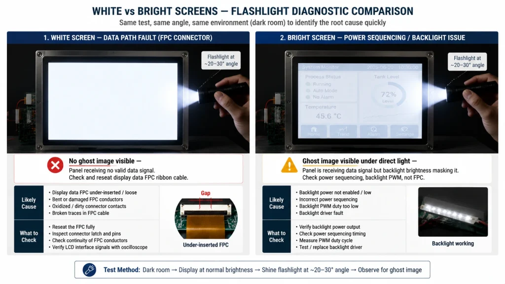 Flashlight diagnostic comparison for white screen FPC faults and backlight power issues