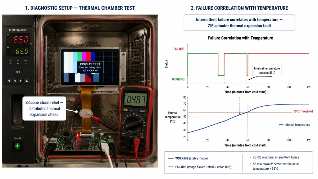 Thermal chamber test correlating intermittent ZIF connector failure with temperature