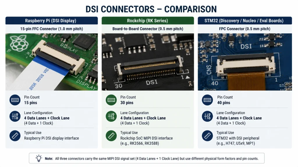 MIPI DSI connector types for Raspberry Pi Rockchip and STM32
