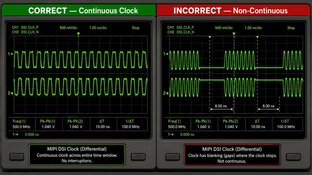 Continuous and non-continuous MIPI D-PHY clock oscilloscope comparison