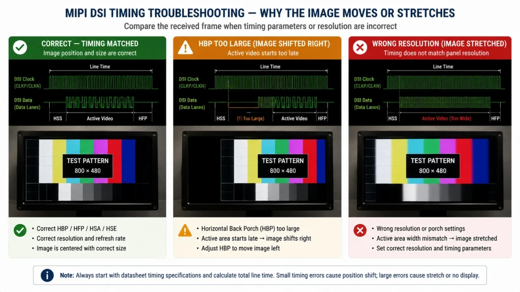 MIPI DSI video timing failures with shifted and stretched test patterns