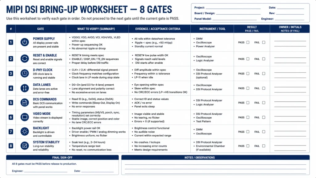 Eight-gate MIPI DSI bring-up engineering record worksheet