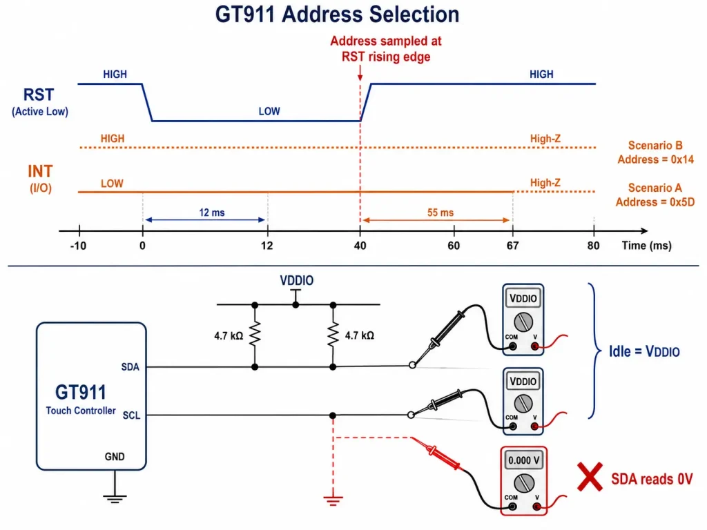 GT911 I2C address selection timing — RST/INT waveforms for 0x5D vs 0x14 with SDA/SCL idle level measurement points