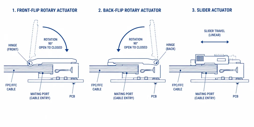 Front-flip, back-flip, and slider connector actuator comparison