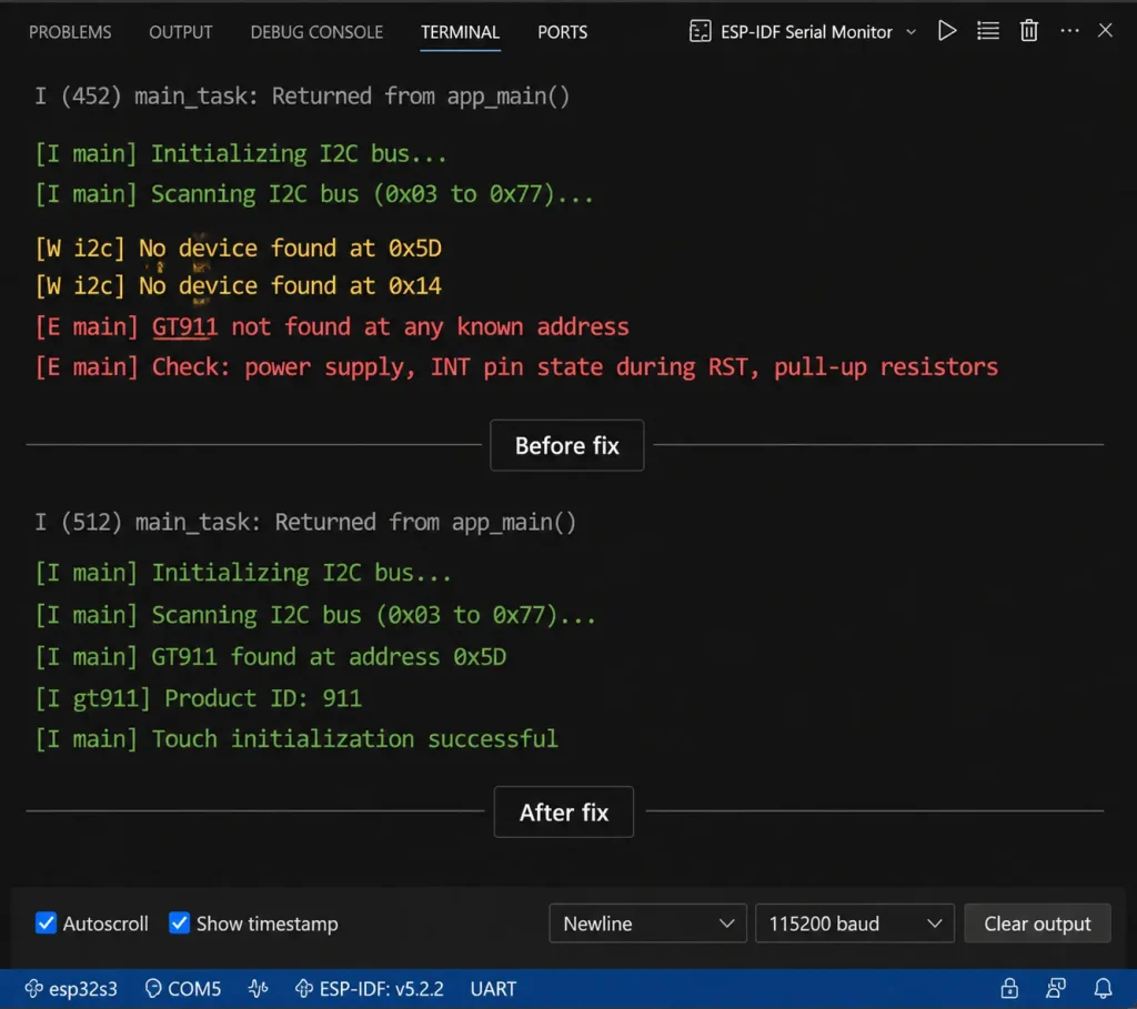 GT911 not found error in ESP-IDF serial monitor — I2C scan output showing no device detected at 0x5D or 0x14