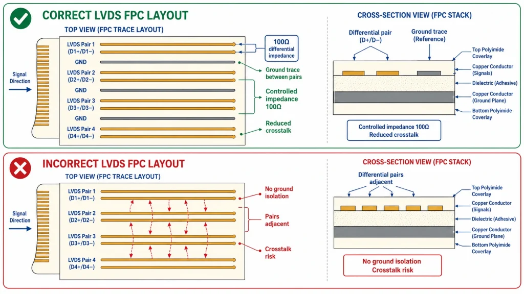 LVDS differential pair FPC routing with ground shielding comparison