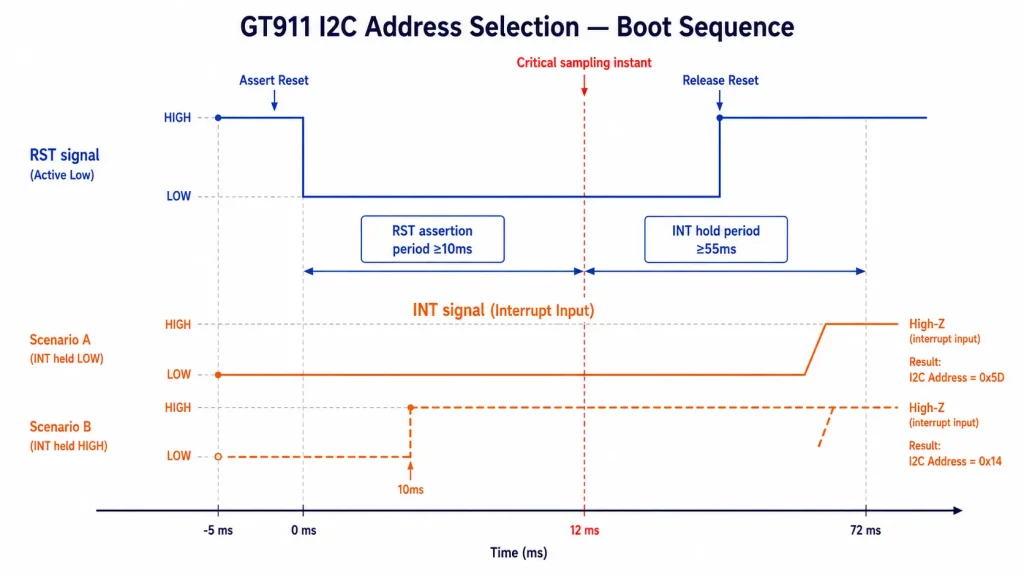 GT911 I2C address selection mechanism — RST and INT timing diagram showing 0x5D vs 0x14 address latch point